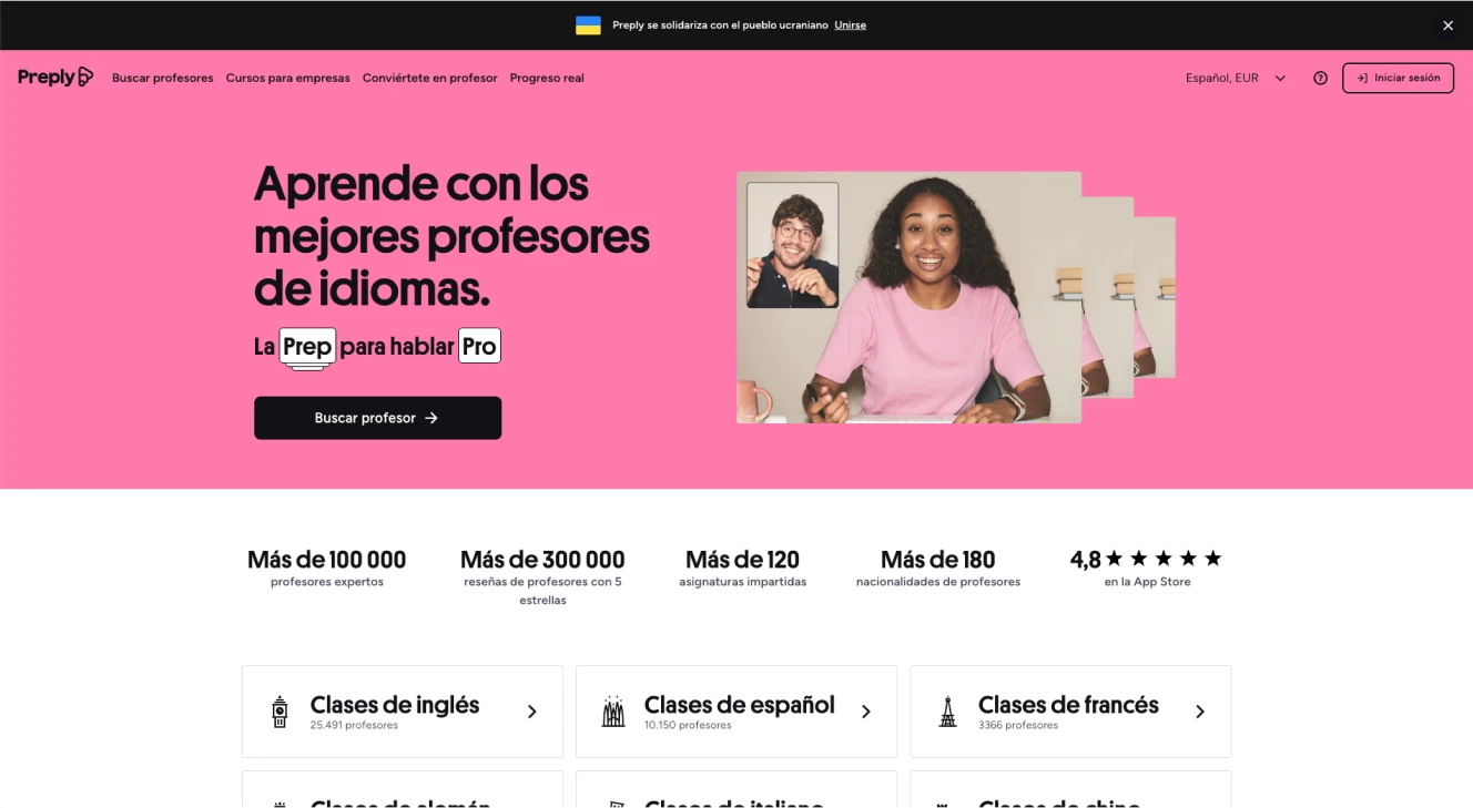 Preply homepage with the hero banner and language category shortcuts, where the tutor search begins.