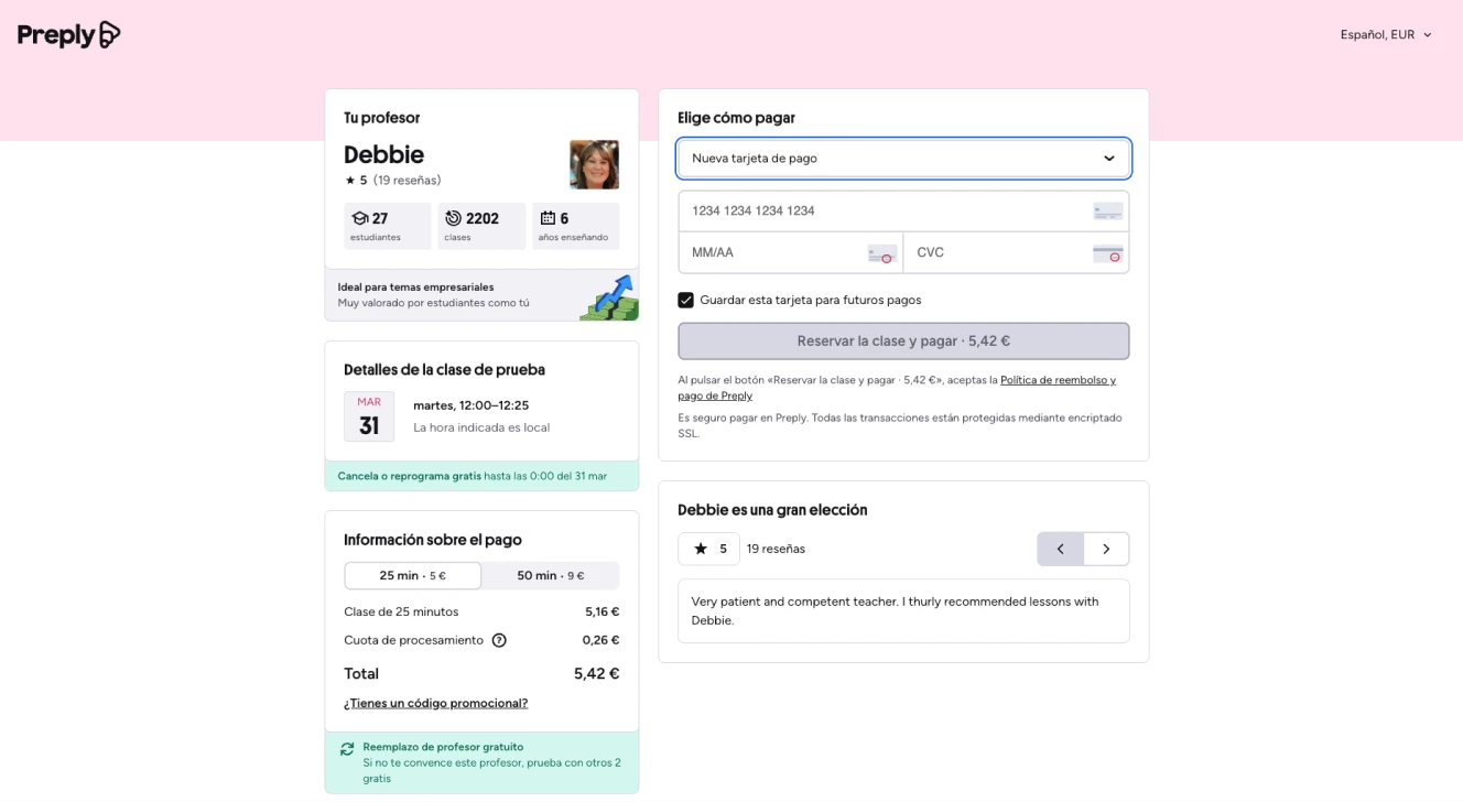 The secure payment and lesson confirmation screen.