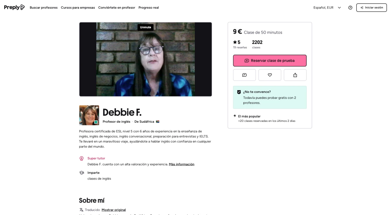 A tutor's profile page showing their video intro, experience, reviews and class details.