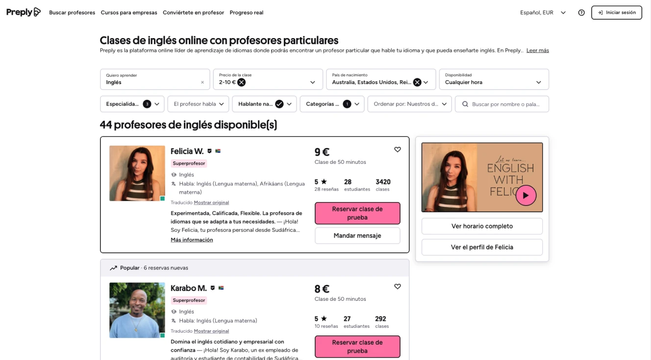 Search results listing tutors, with filters for language, price and availability.