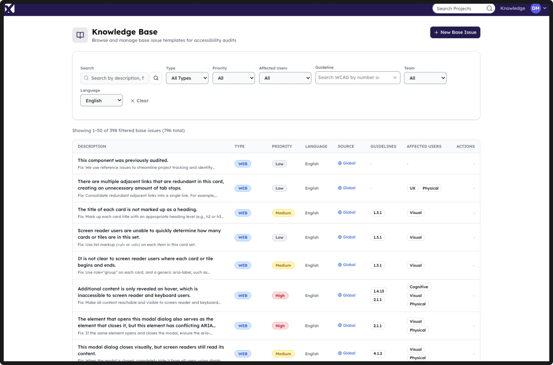 Preply Knowledge Base — internal accessibility issue library used to audit the tutor-booking flow