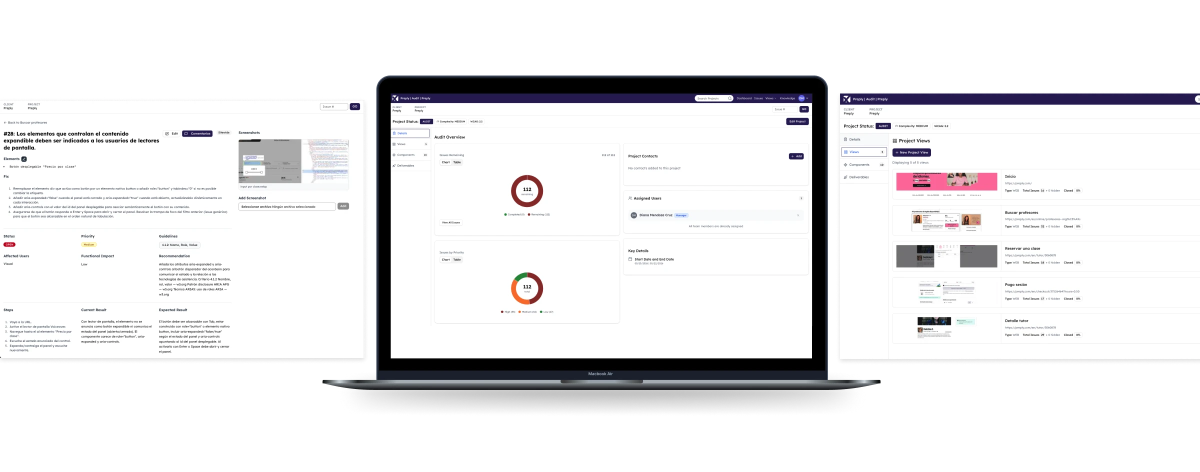 Preply audit tracking tool in three views — finding detail, audit overview with issue charts, and views list