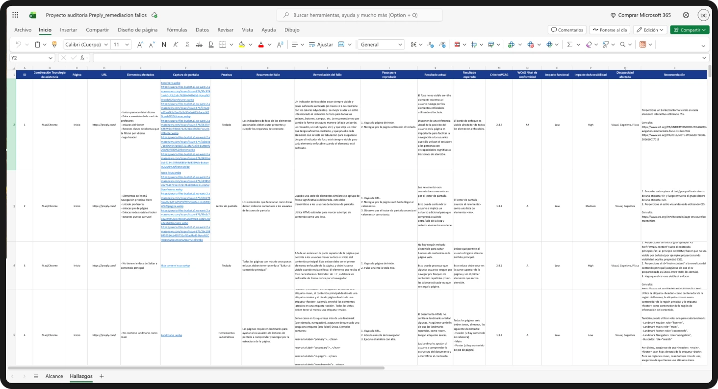 Accessibility audit tracking spreadsheet listing all 112 documented findings