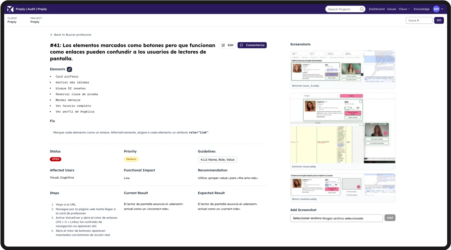 Detail of one documented finding: status, priority, WCAG guideline, affected users, recommendation, and steps to reproduce