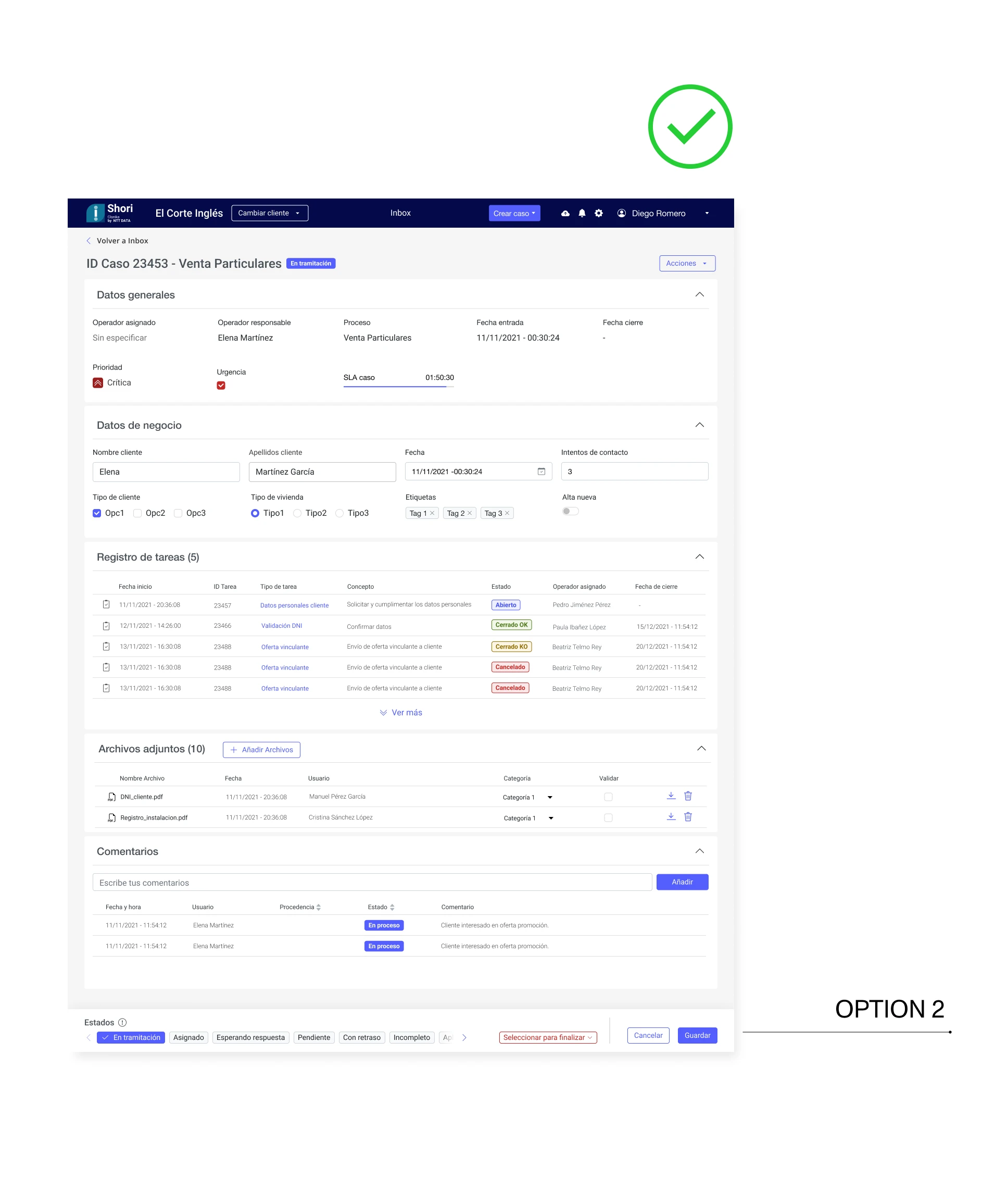 Design proposal comparison — Option 2: case status selector placed in the footer, next to the create and cancel actions