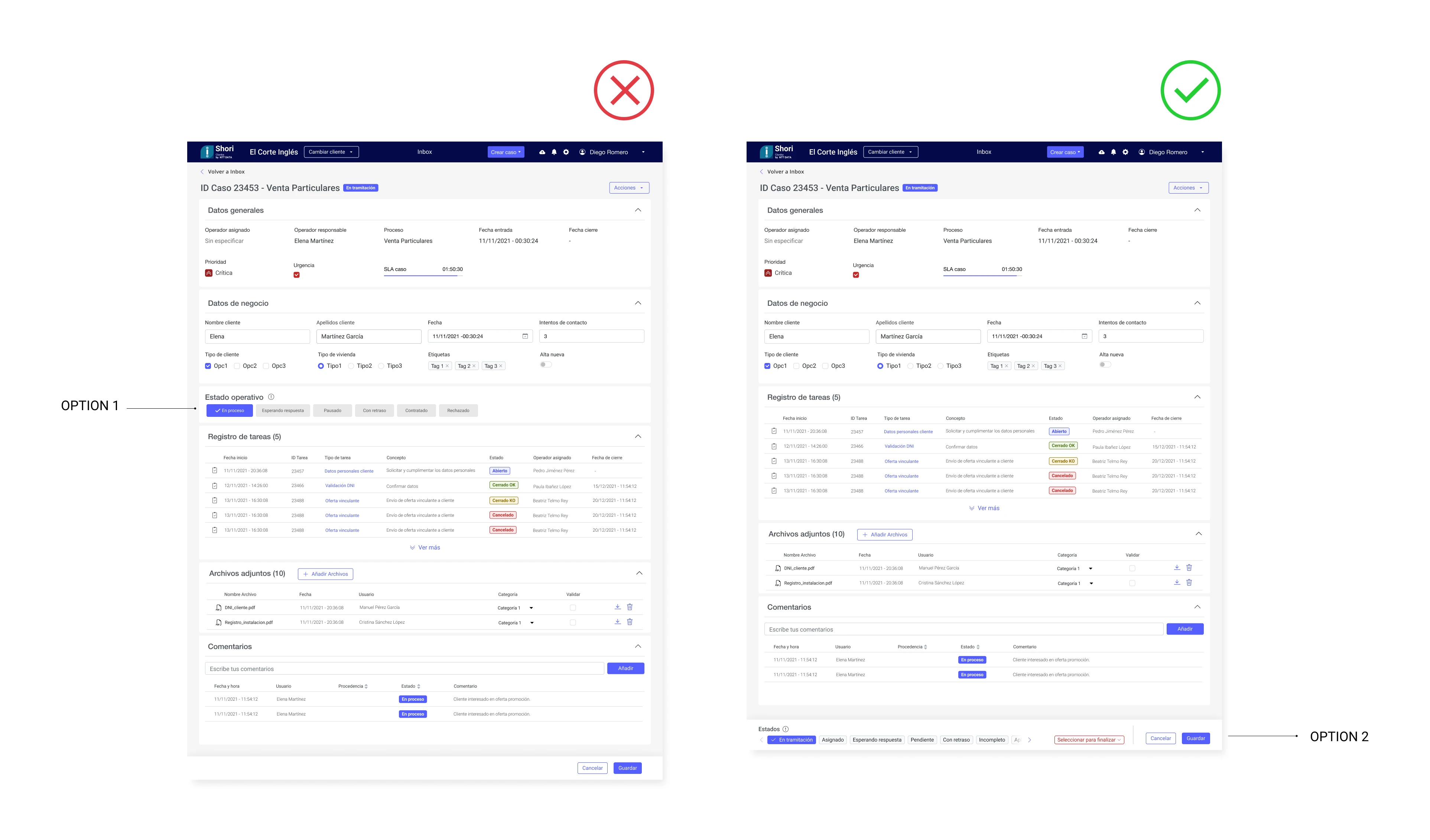 Comparison of the two design proposals for the case status selector in Shori's case creation screen
