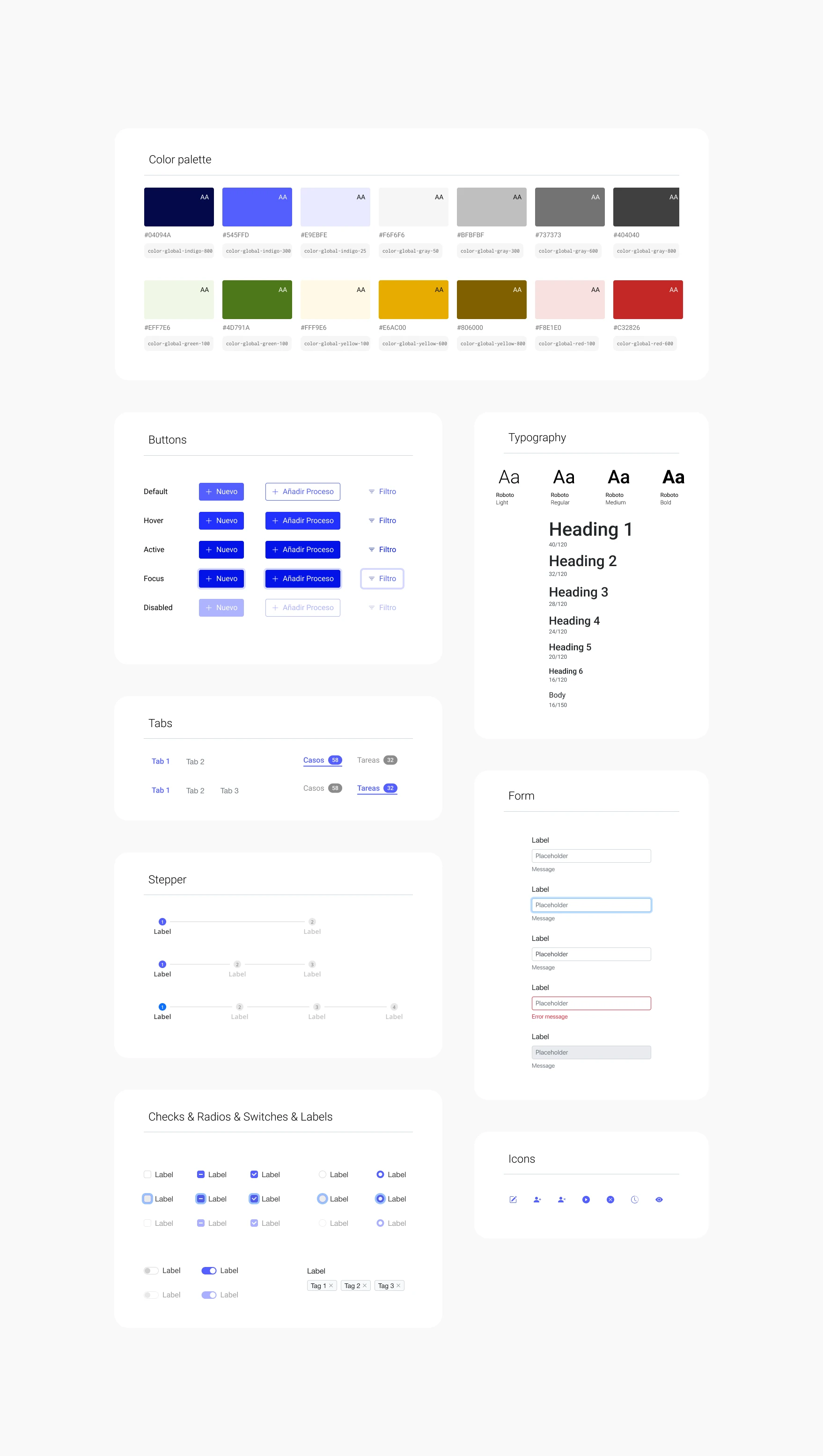 Design system for Shori showing color palette, button variants, typography scale, table, stepper, form components, and icon set