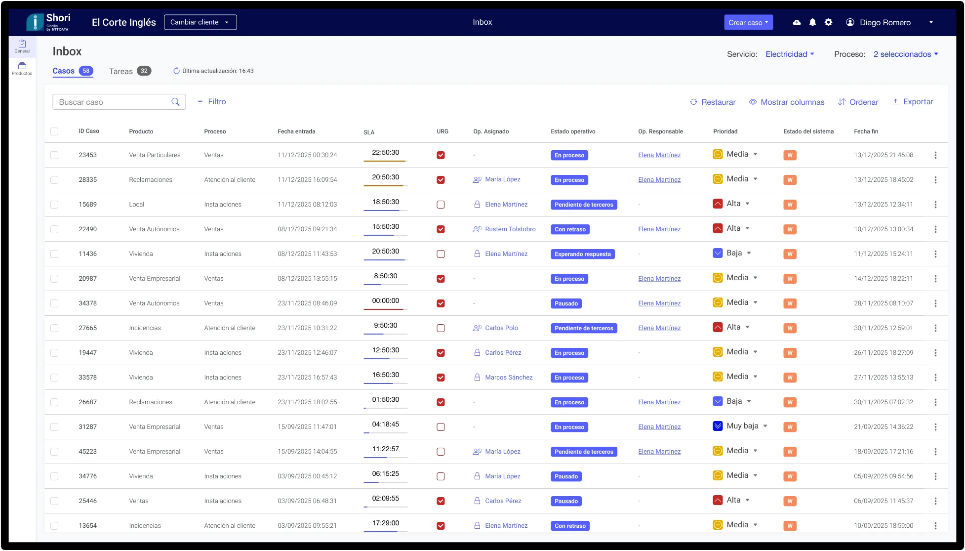 Shori interface — the Inbox screen with the task list and filters