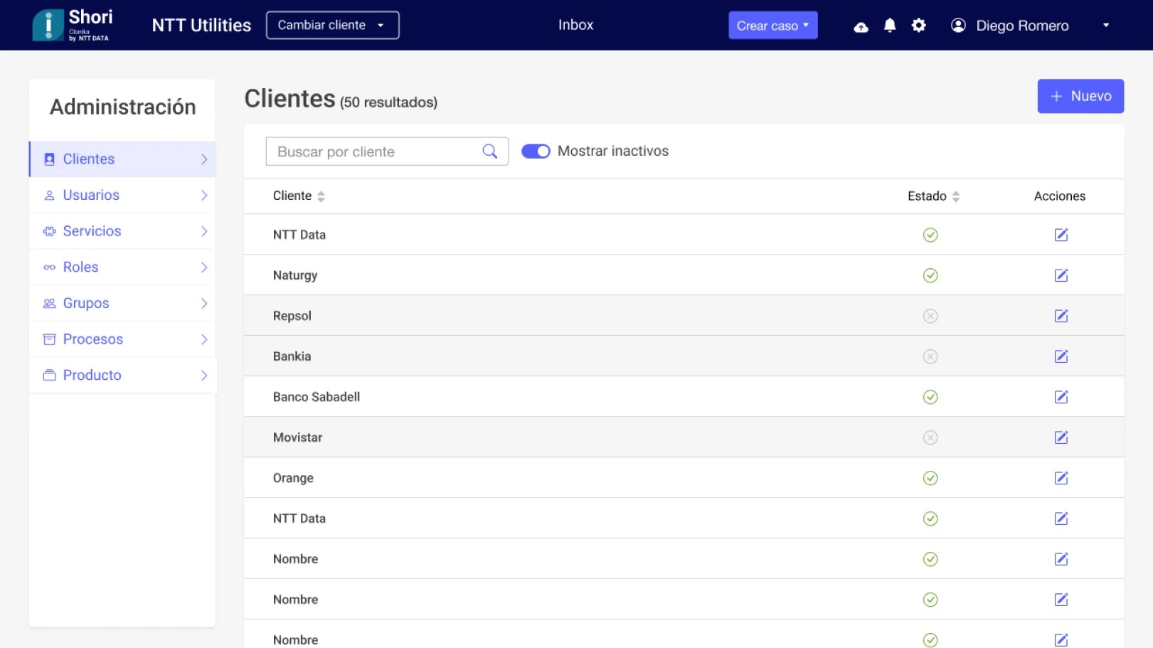 Shori Administration view — client management list with NTT Utilities branding showing active clients, statuses and access controls