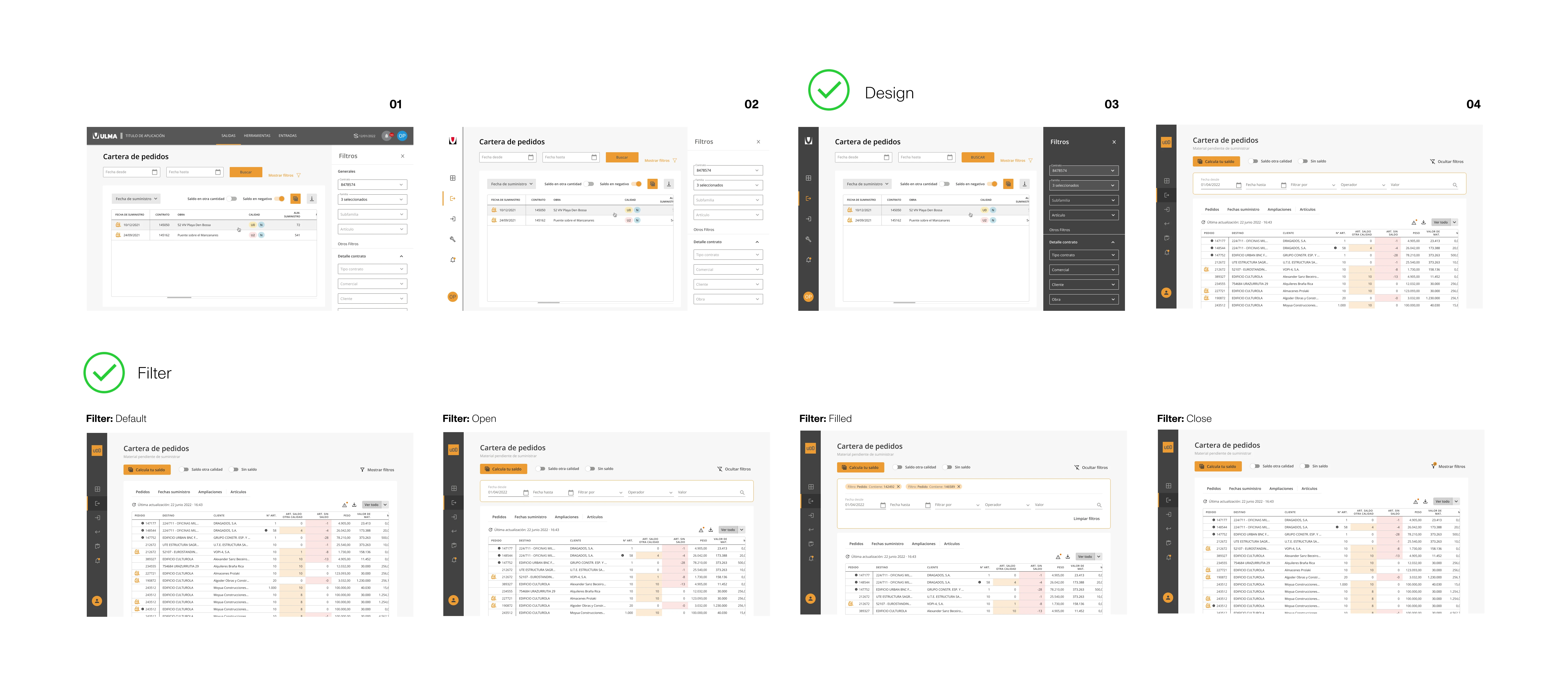ULMA platform design evaluation — four design variants of the order portfolio view with design and filter interaction states