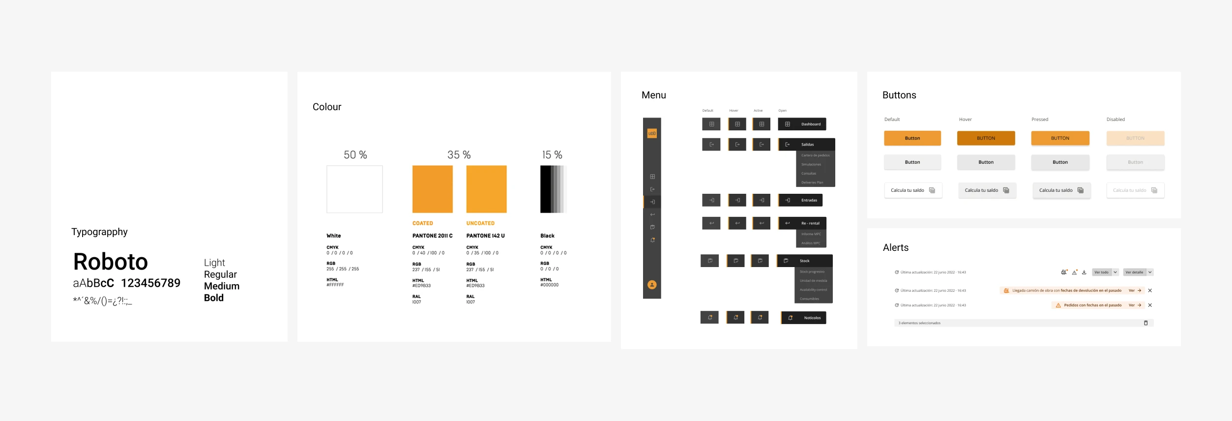 ULMA design system — colour palette, typography (Roboto), navigation menu, button states, and alert components