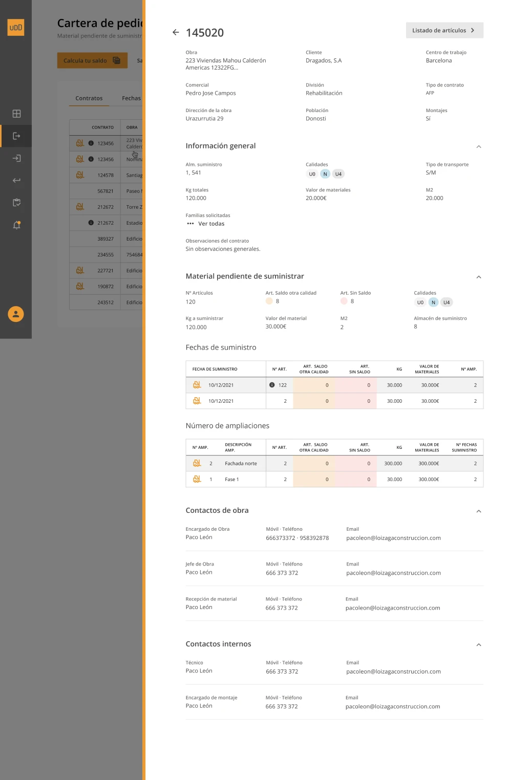 ULMA platform — contract detail view showing supply agreement information without general observations