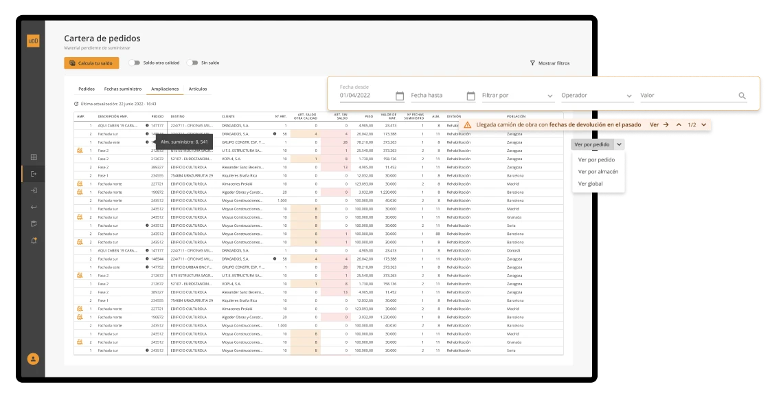 ULMA demand management platform — main table view with filters, stock alerts, tooltip, and action controls